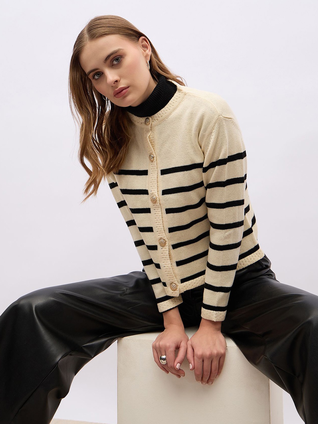 

Styli Women Stripe Cardigan with Golden Button, Off white