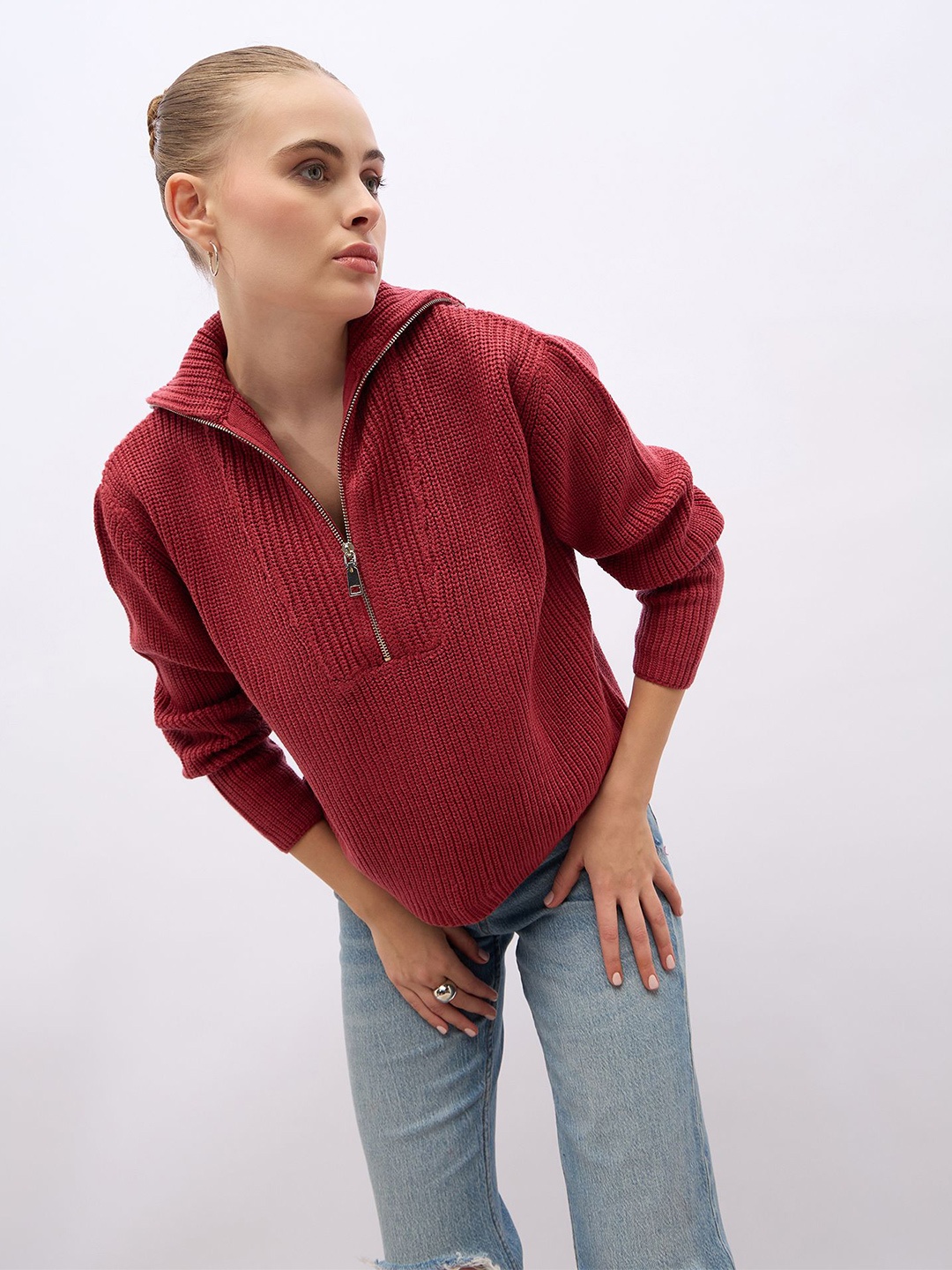 

Styli Women Boxy Sweaters With Half Zippers, Pink