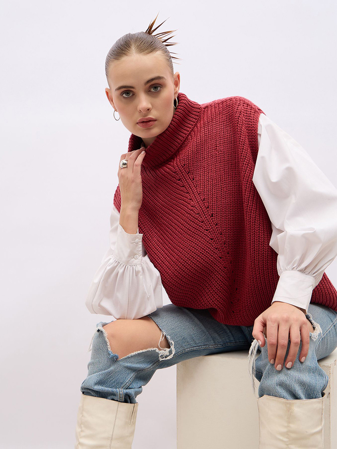 

Styli Women Turtle Neck Short Sleeves Sweater, Pink