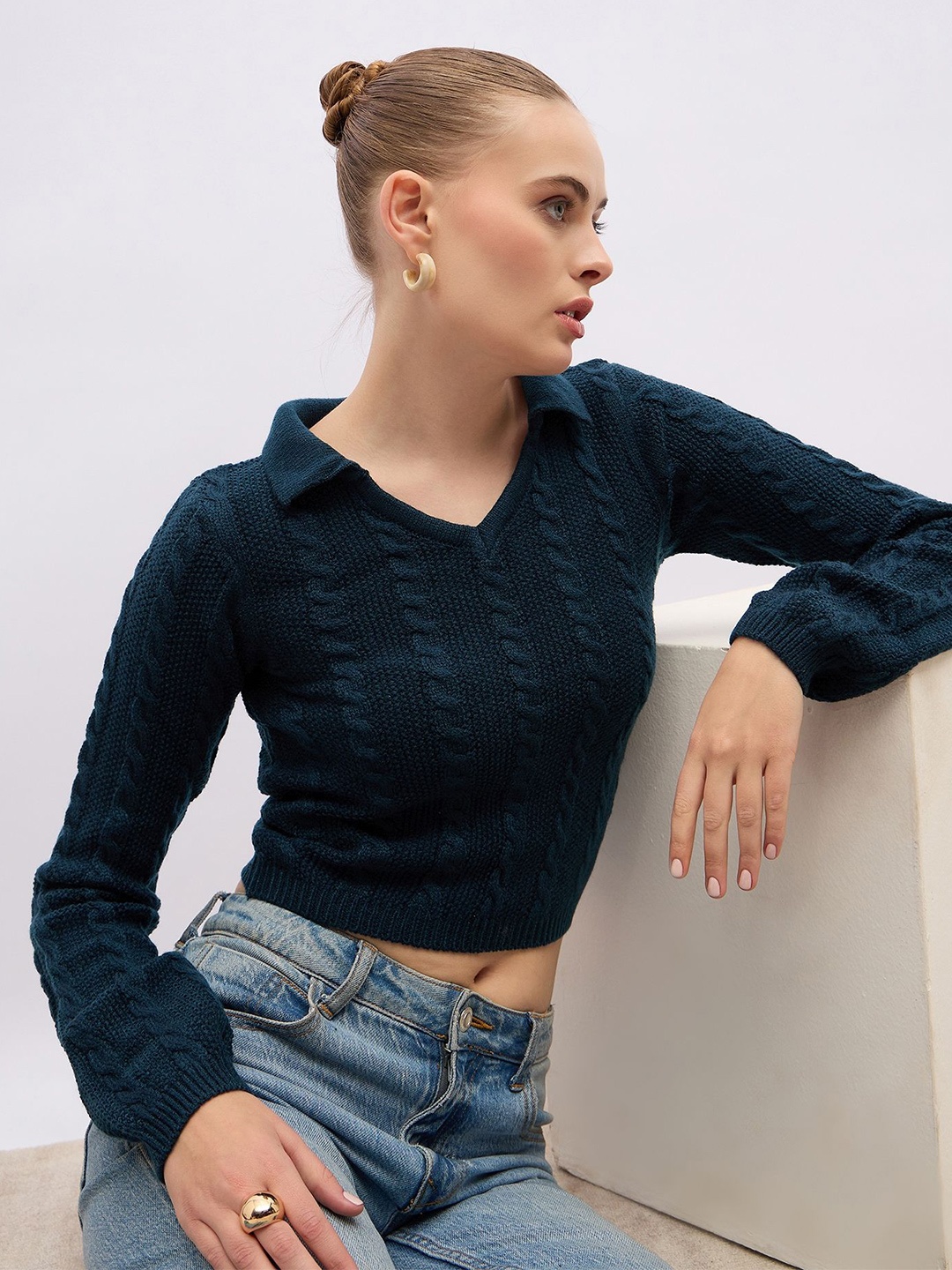 

Styli Women Regular Length V Neck Collar Sweater, Blue