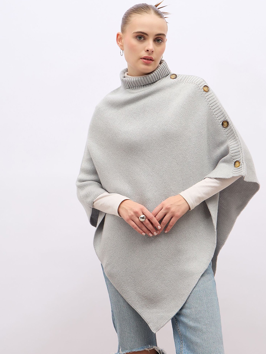 

Styli Women Asymmetric Poncho With Buttons, Grey
