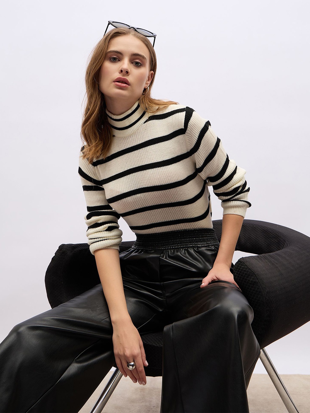 

Styli Women Regular Length Slim Fit Striper High Neck Sweater, Black