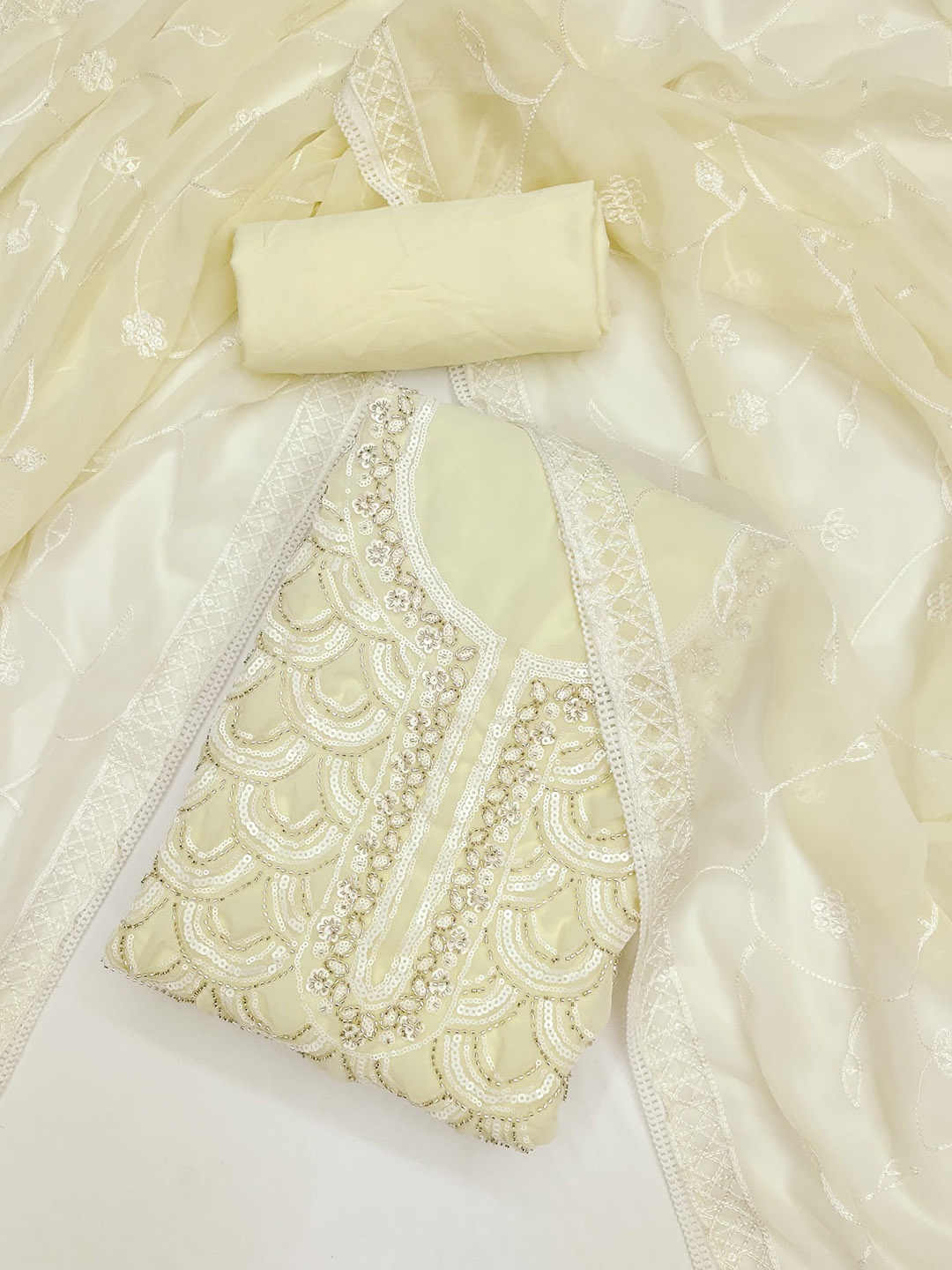 

LeeliPeeri Designer Embroidered Unstitched Dress Material, Cream