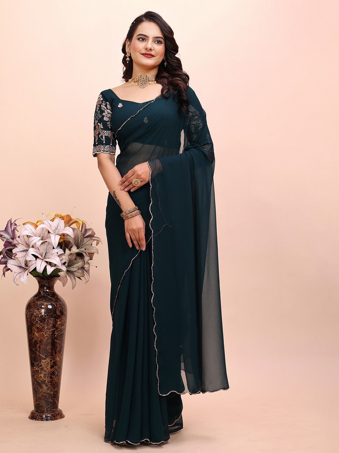 K 5 Fashion Embroidered Pure Georgette Saree, Teal