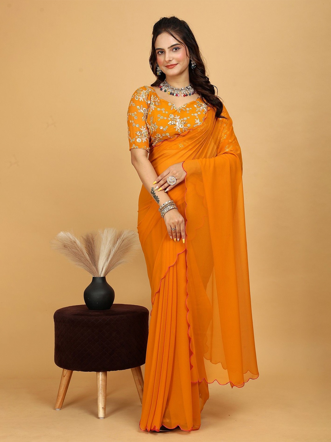 

K 5 Fashion Embroidered Pure Georgette Saree, Yellow