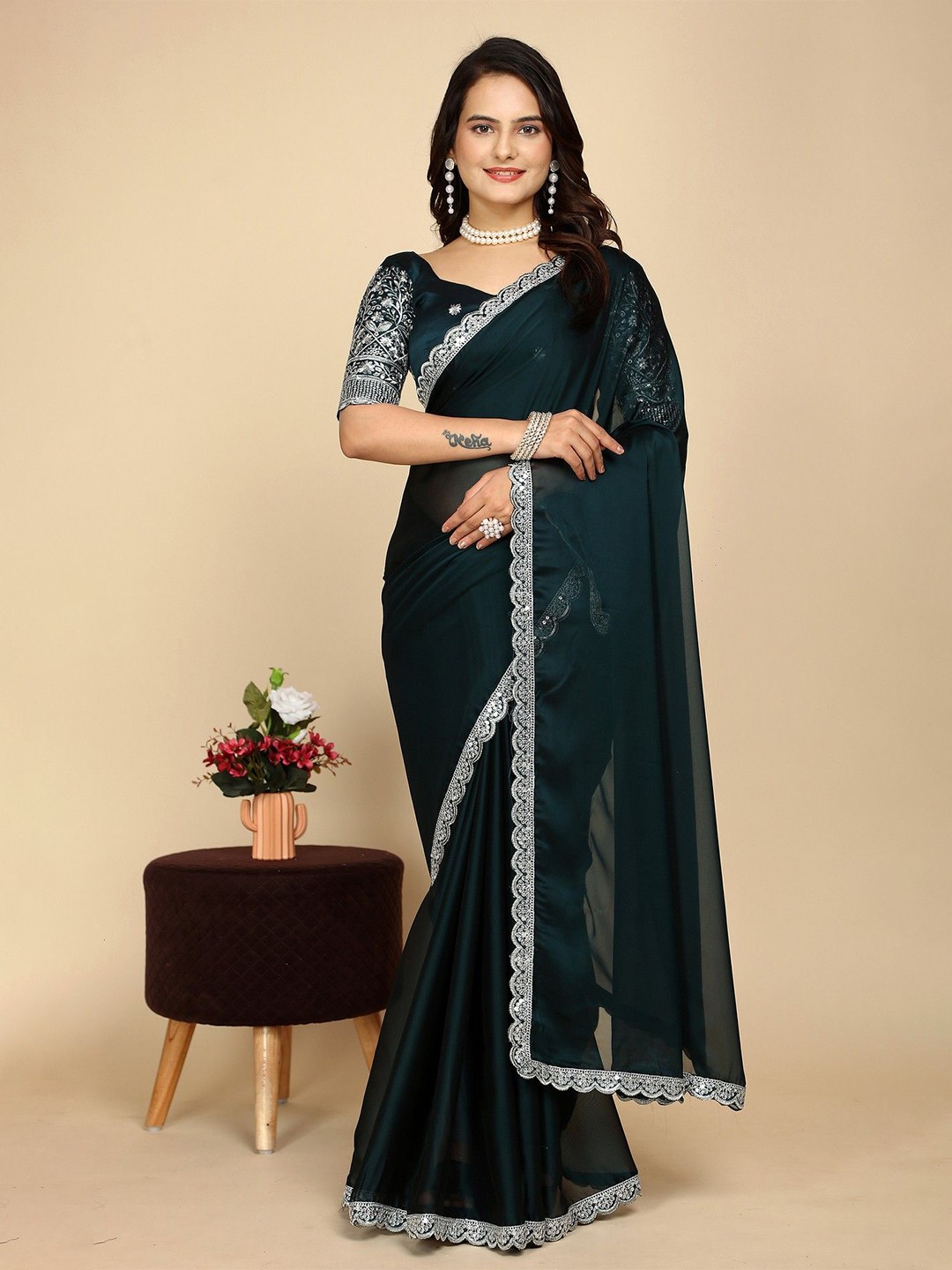 

K 5 Fashion Embroidered Pure Chiffon Saree, Teal