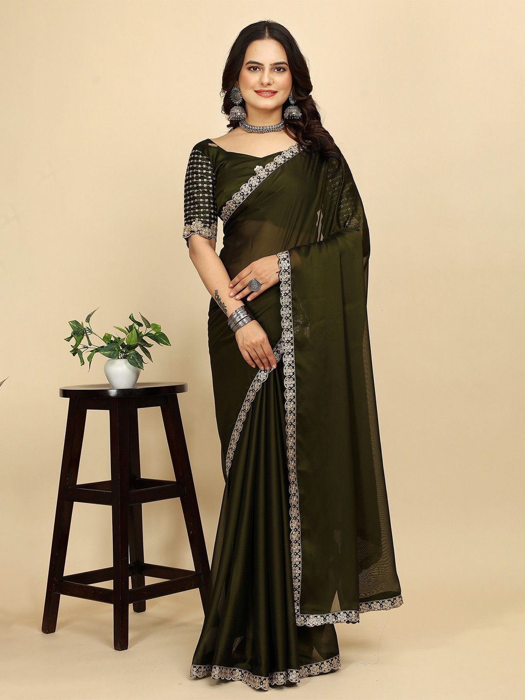 

K 5 Fashion Embroidered Pure Chiffon Saree, Olive