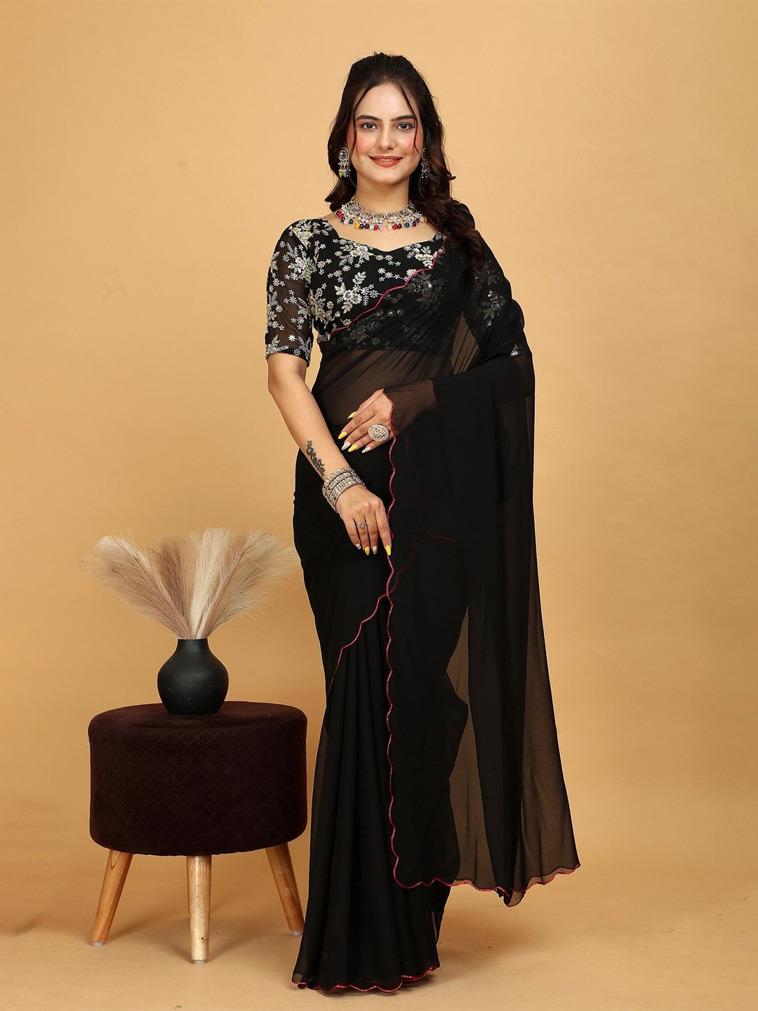 

K 5 Fashion Embroidered Pure Georgette Saree, Black