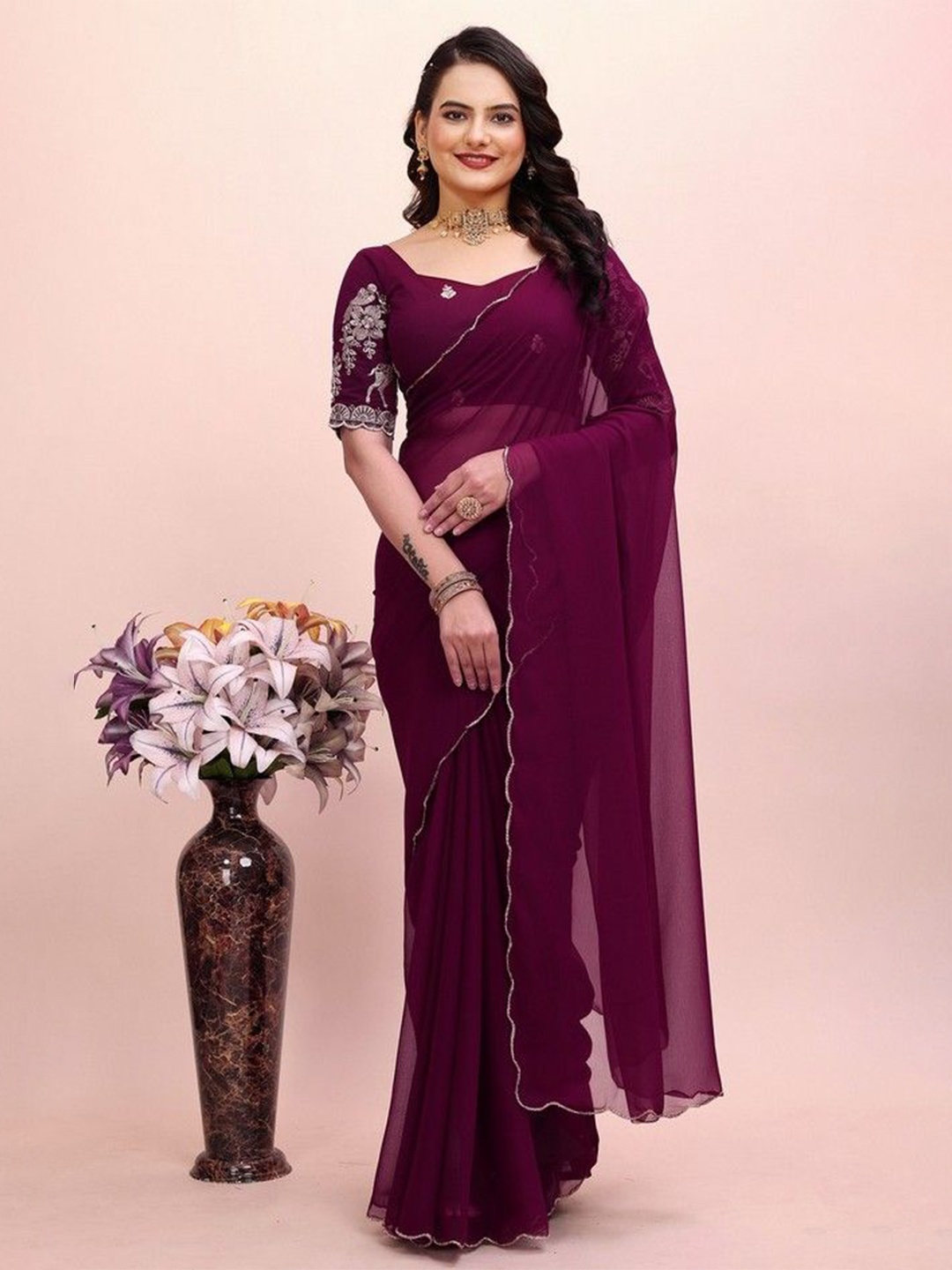 

K 5 Fashion Embroidered Pure Georgette Saree, Purple