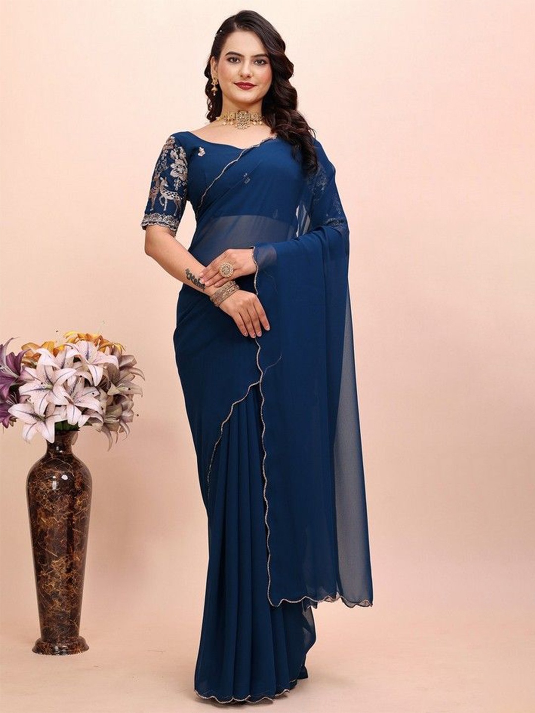 

K 5 Fashion Embroidered Pure Georgette Saree, Navy blue