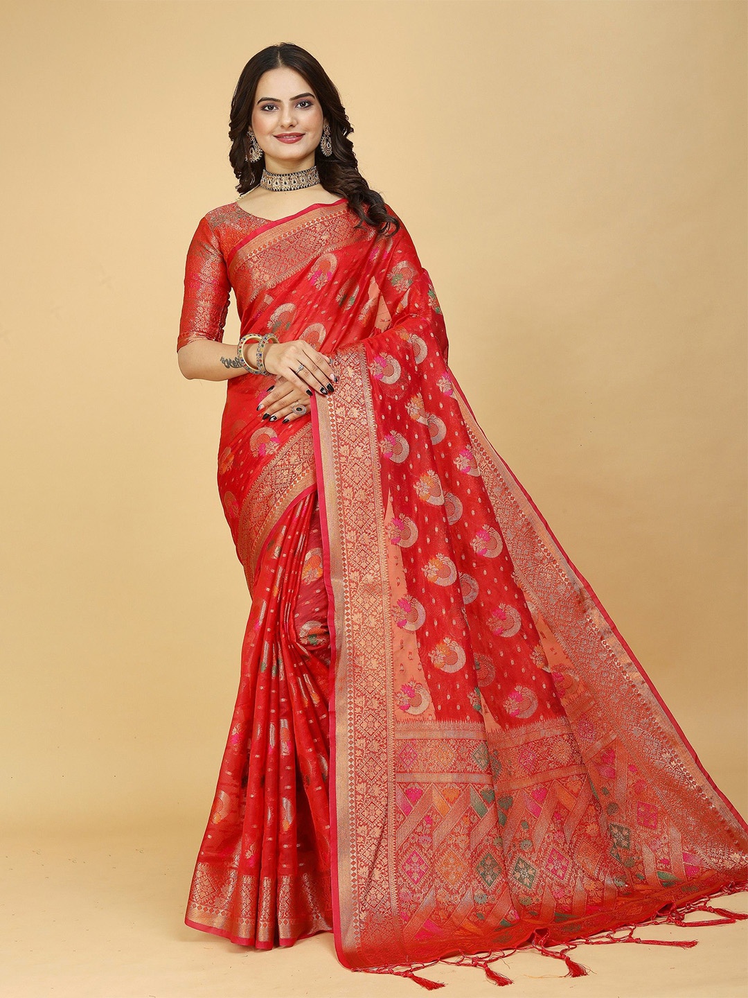 K 5 Fashion Woven Design Zari Organza Saree, Red
