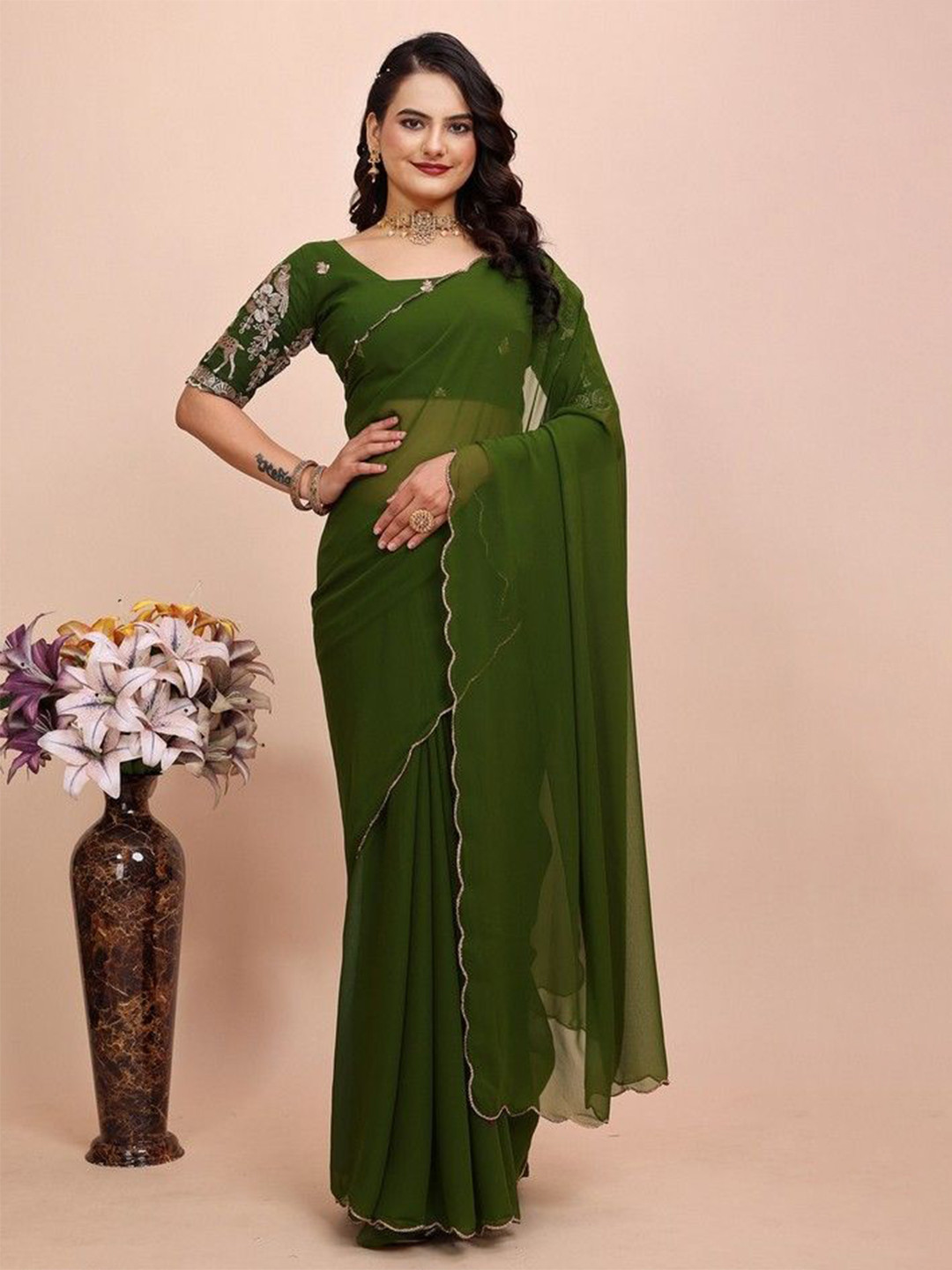 

K 5 Fashion Embroidered Pure Georgette Saree, Green