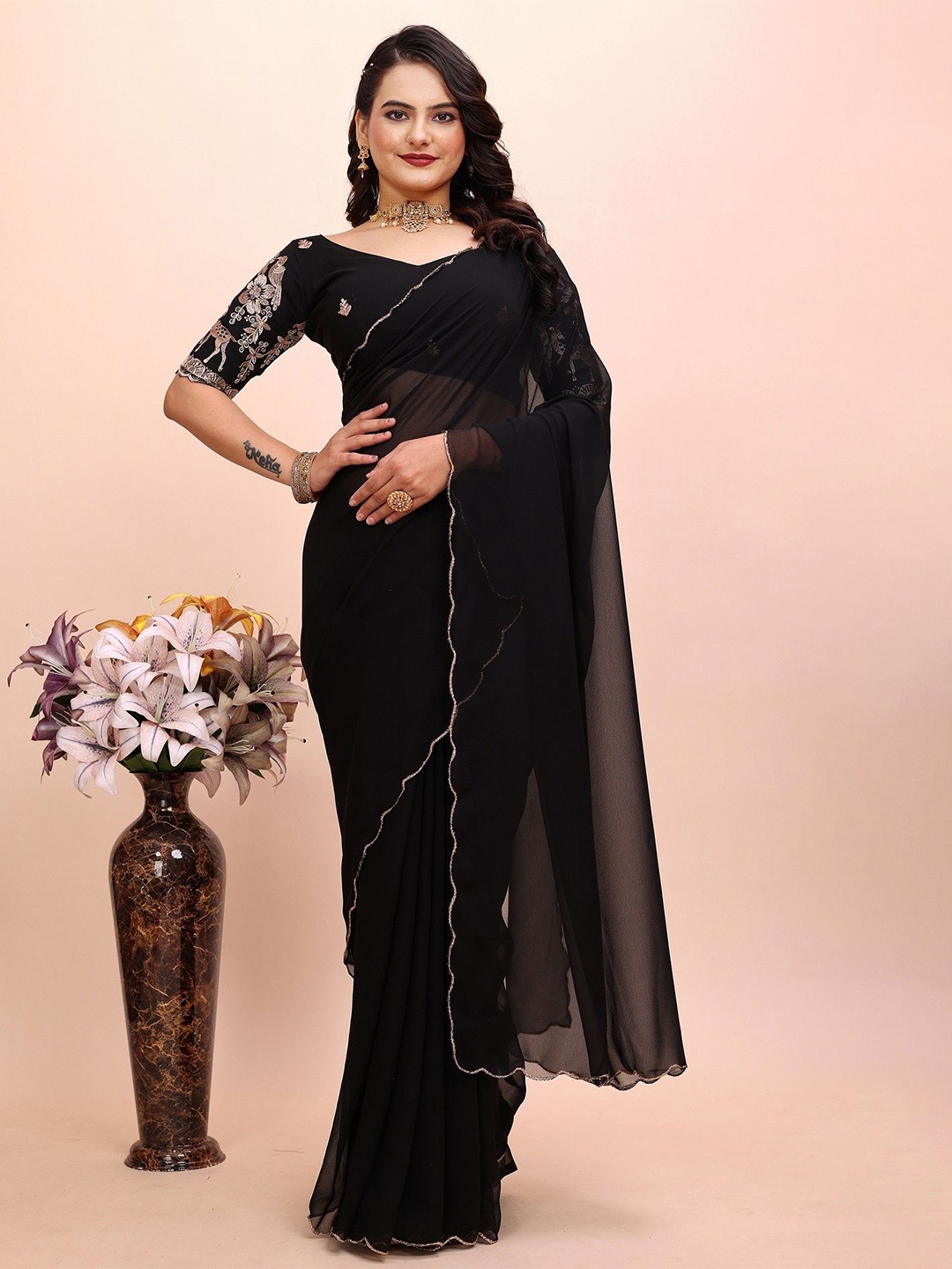 

K 5 Fashion Embroidered Pure Georgette Saree, Black