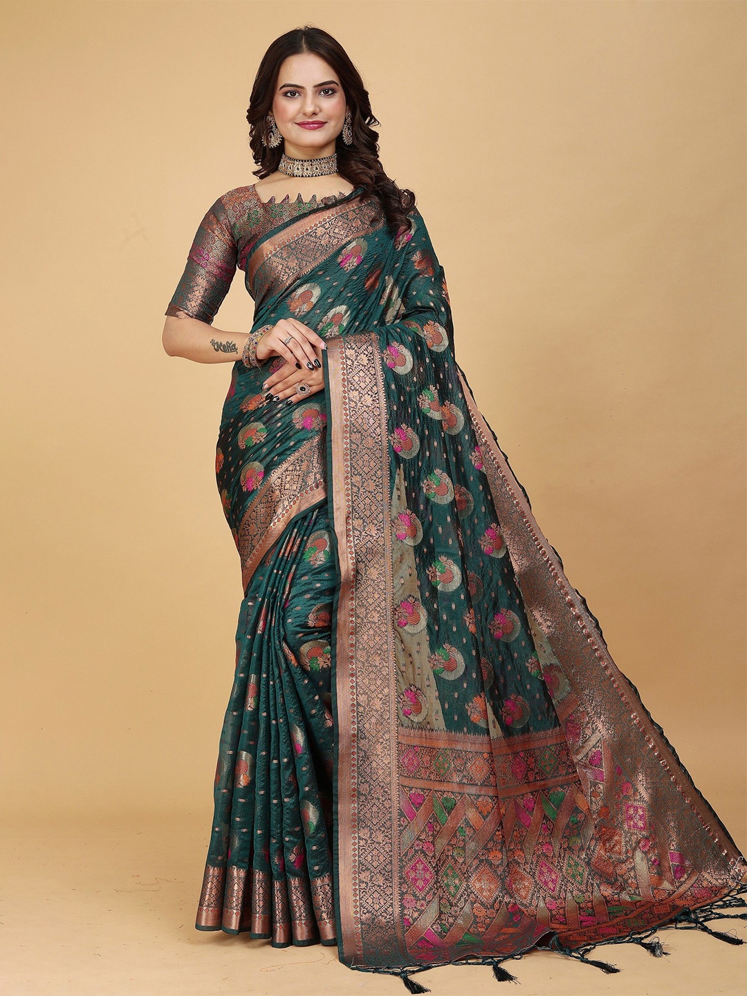 

K 5 Fashion Woven Design Zari Organza Saree, Green