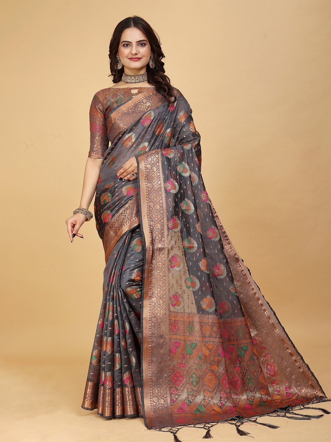 K 5 Fashion Embroidered Organza Saree, Grey