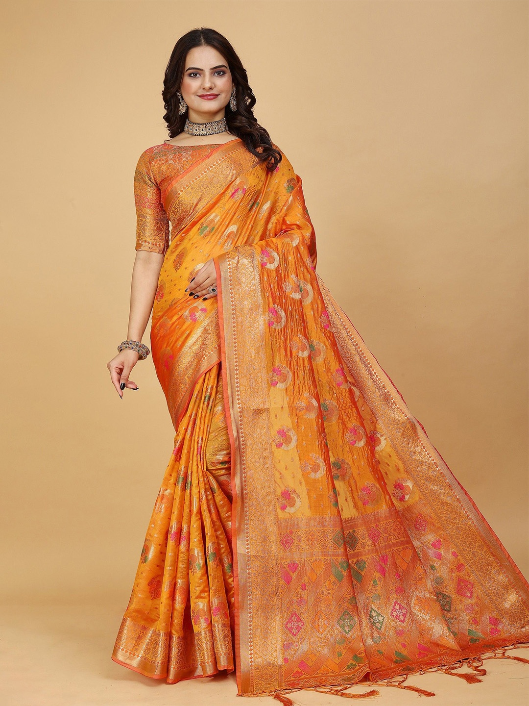 

K 5 Fashion Woven Design Embroidered Organza Saree, Orange
