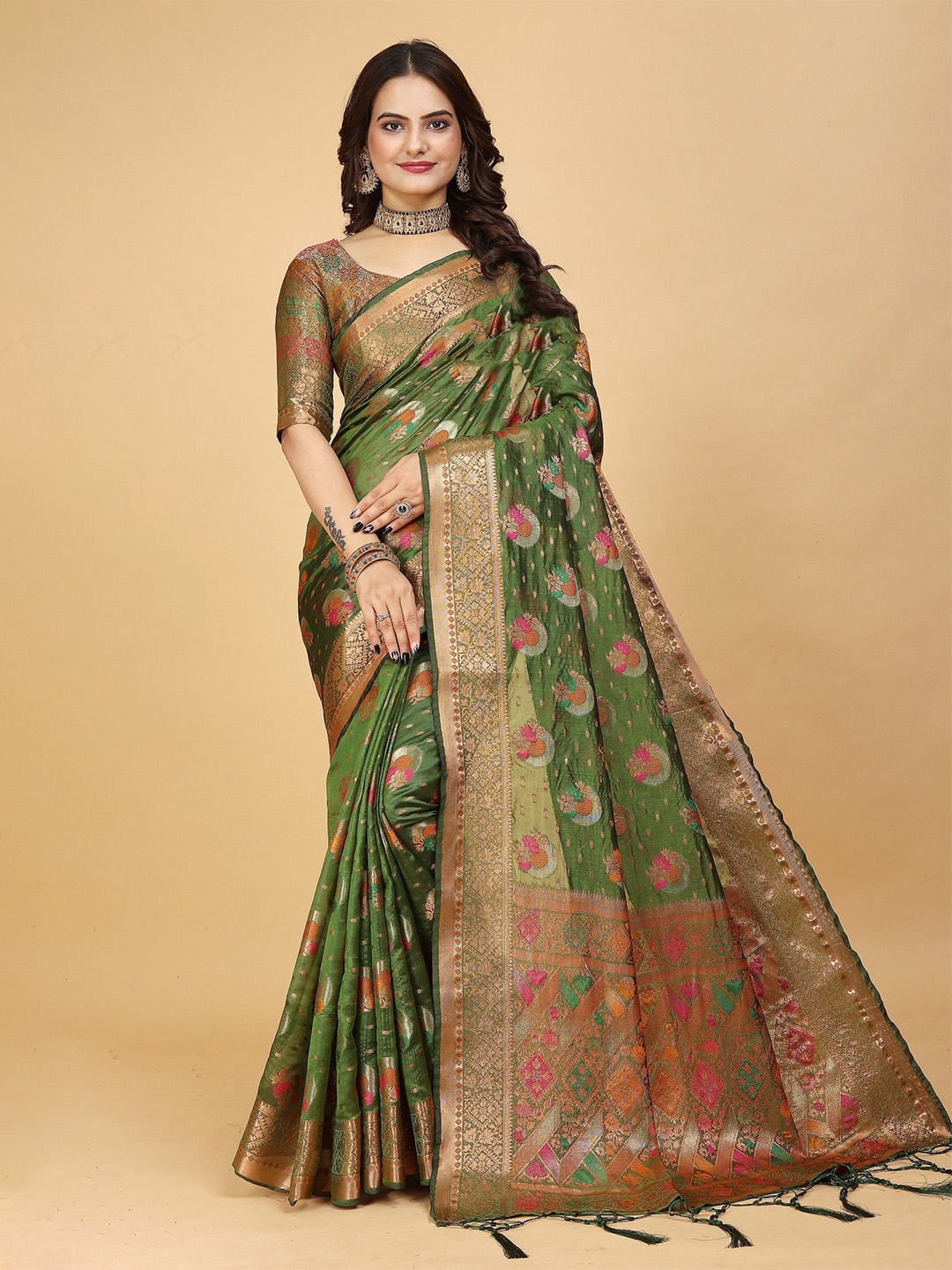 

K 5 Fashion Woven Design Embroidered Organza Saree, Green