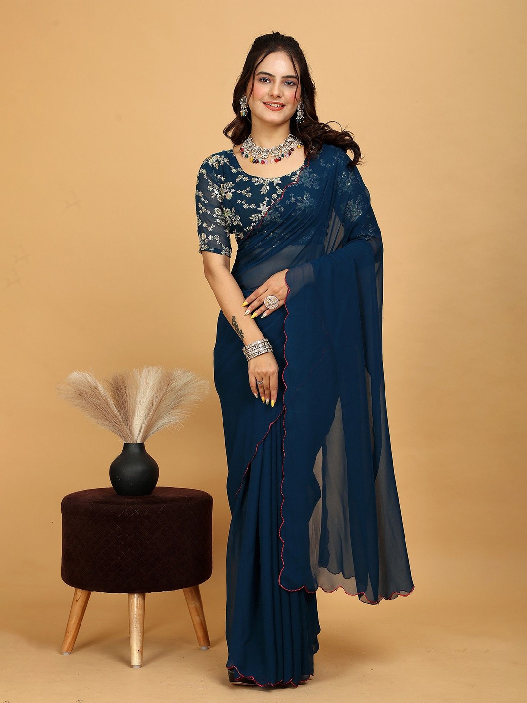 

K 5 Fashion Embroidered Pure Georgette Saree, Navy blue