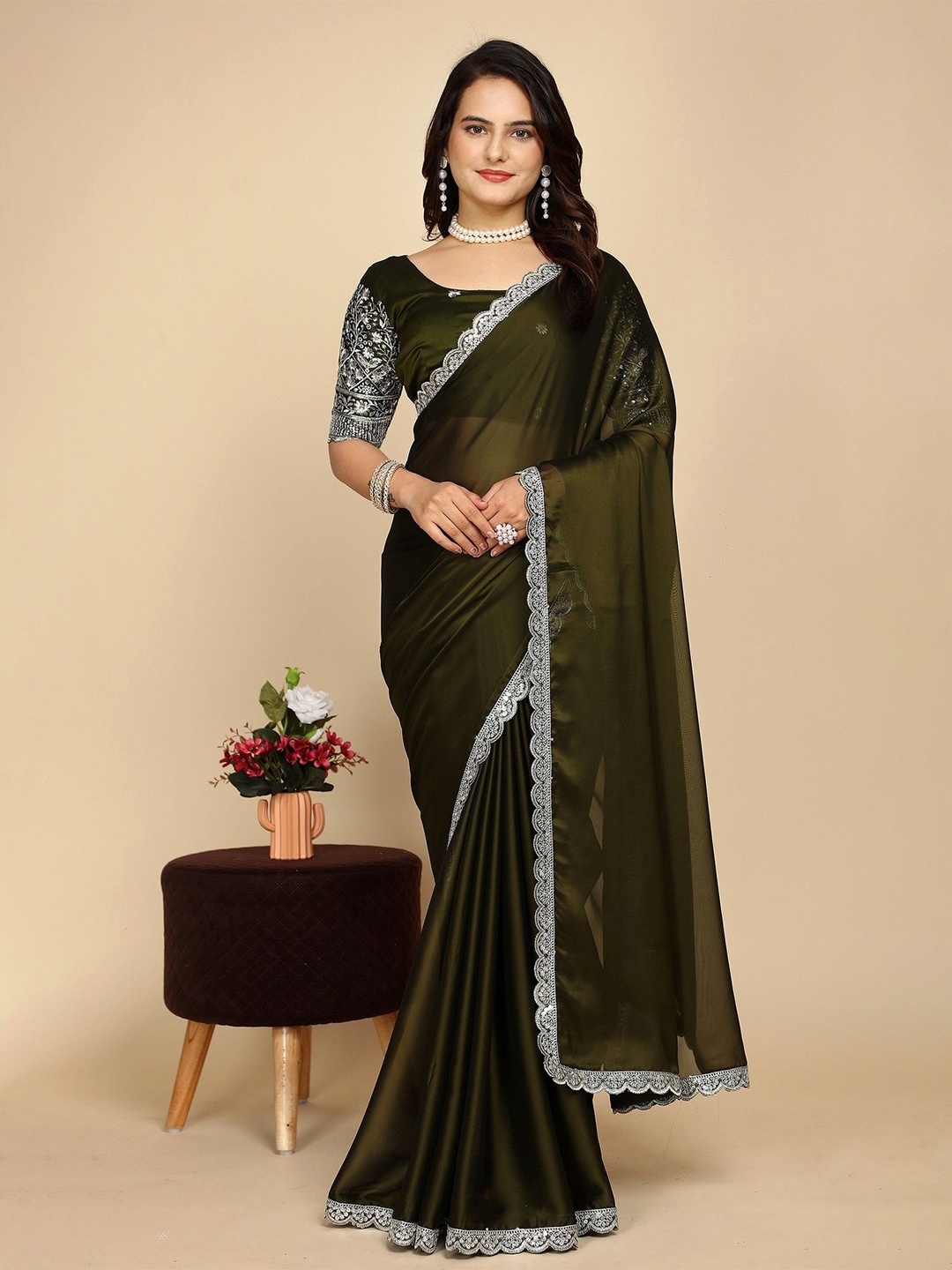 

K 5 Fashion Embroidered Pure Chiffon Saree, Olive