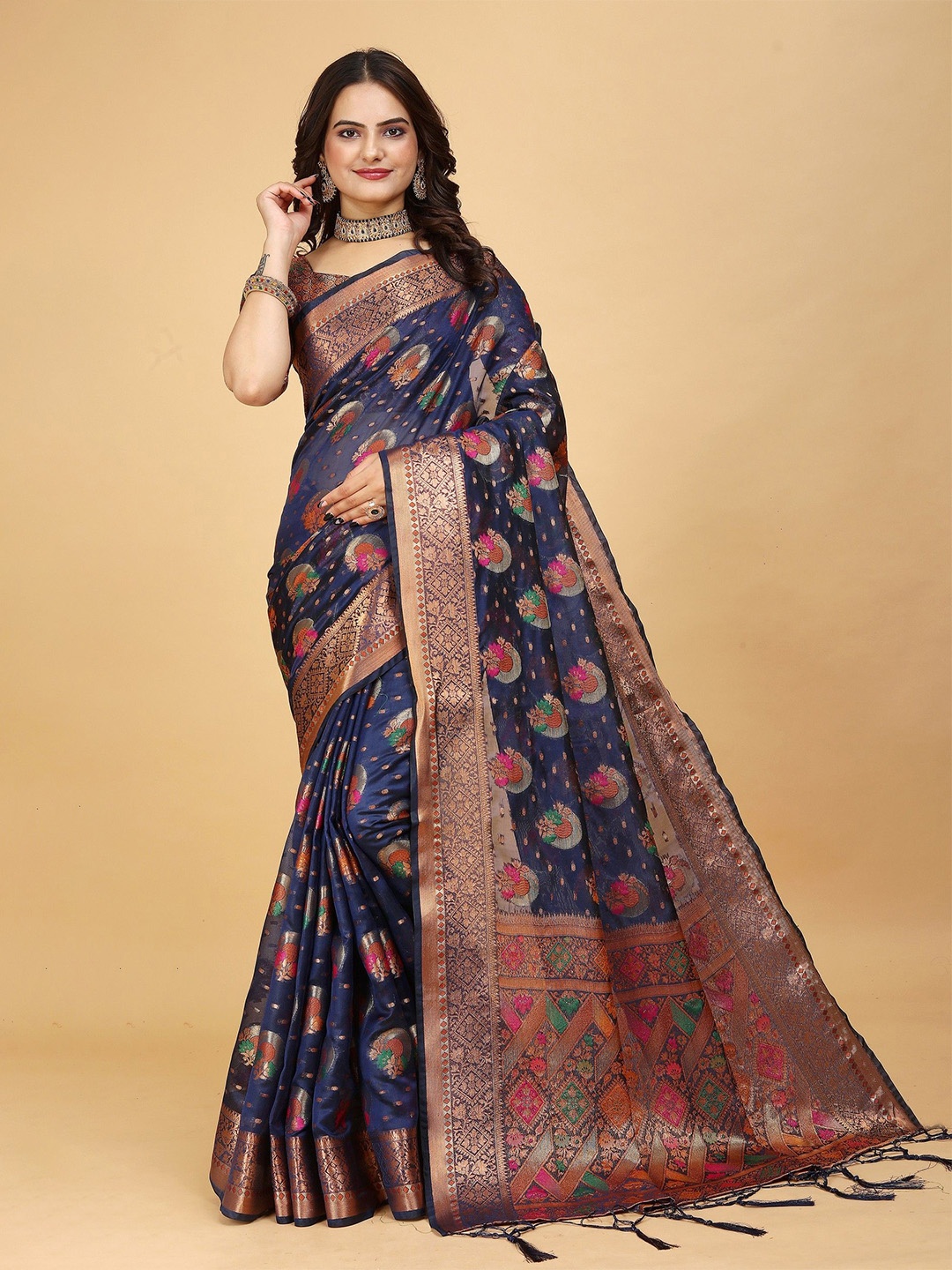 

K 5 Fashion Embroidered Organza Saree, Navy blue