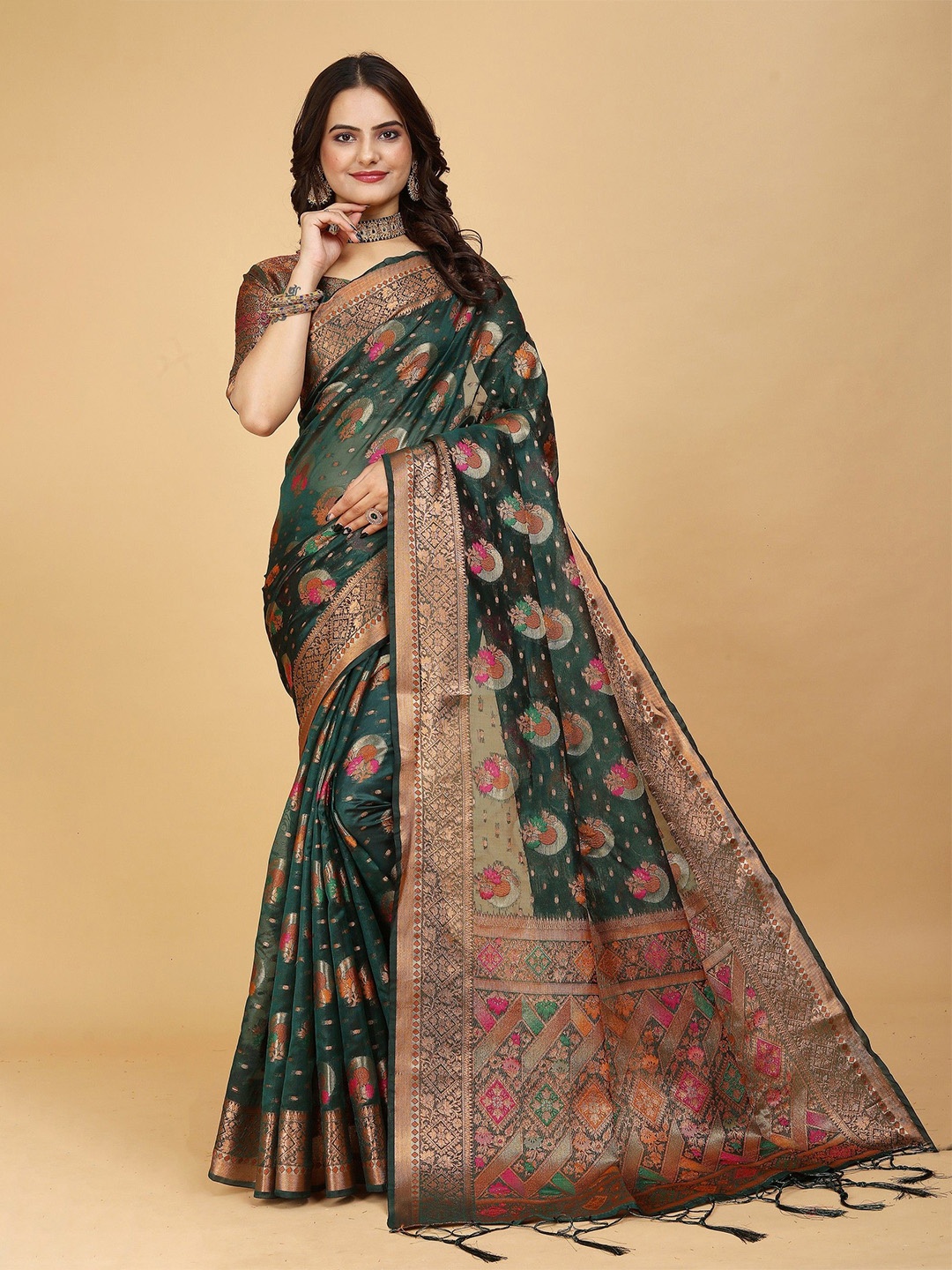 

K 5 Fashion Floral Embroidered Organza Saree, Green