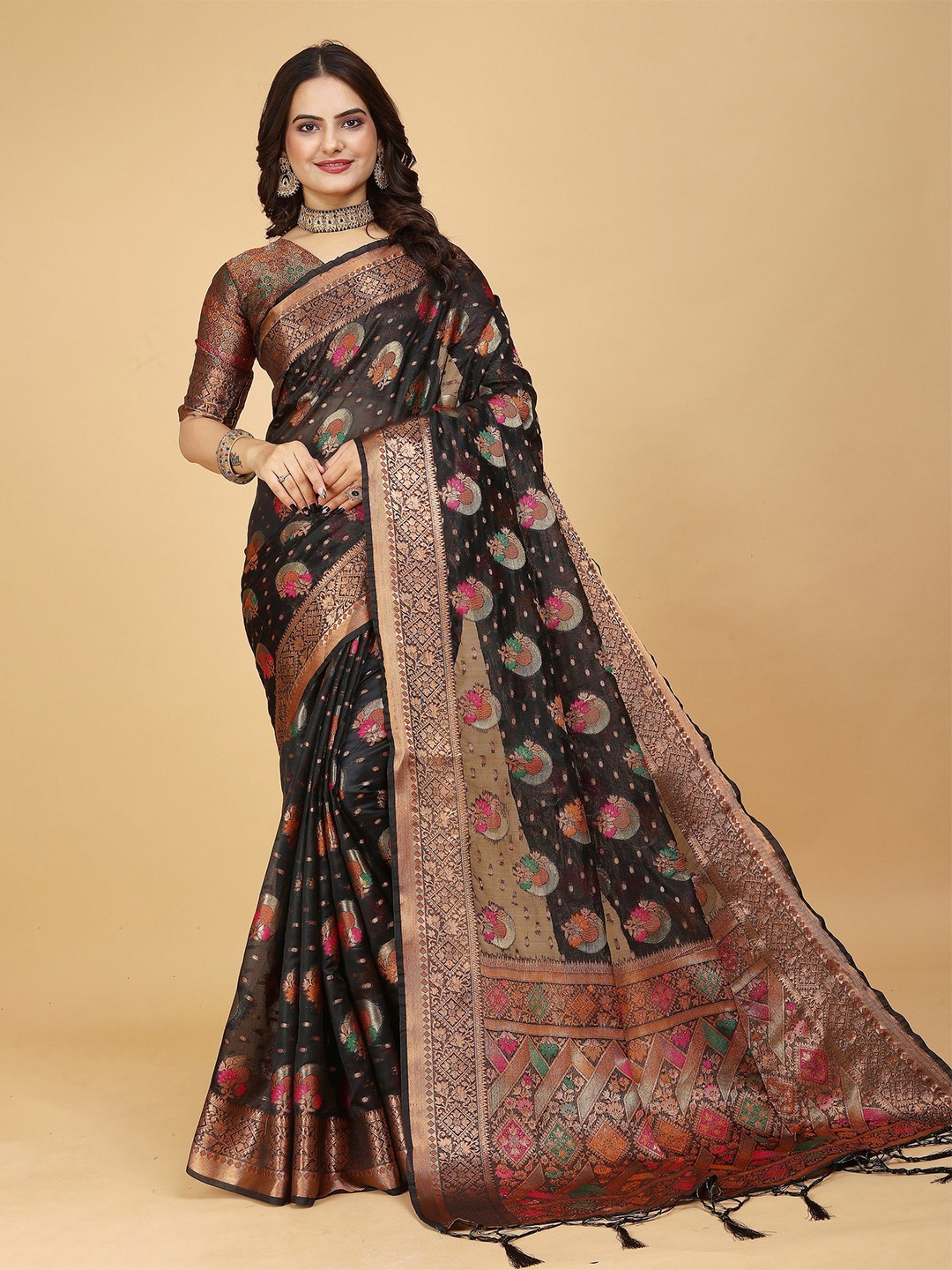 K 5 Fashion Embroidered Organza Saree, Black