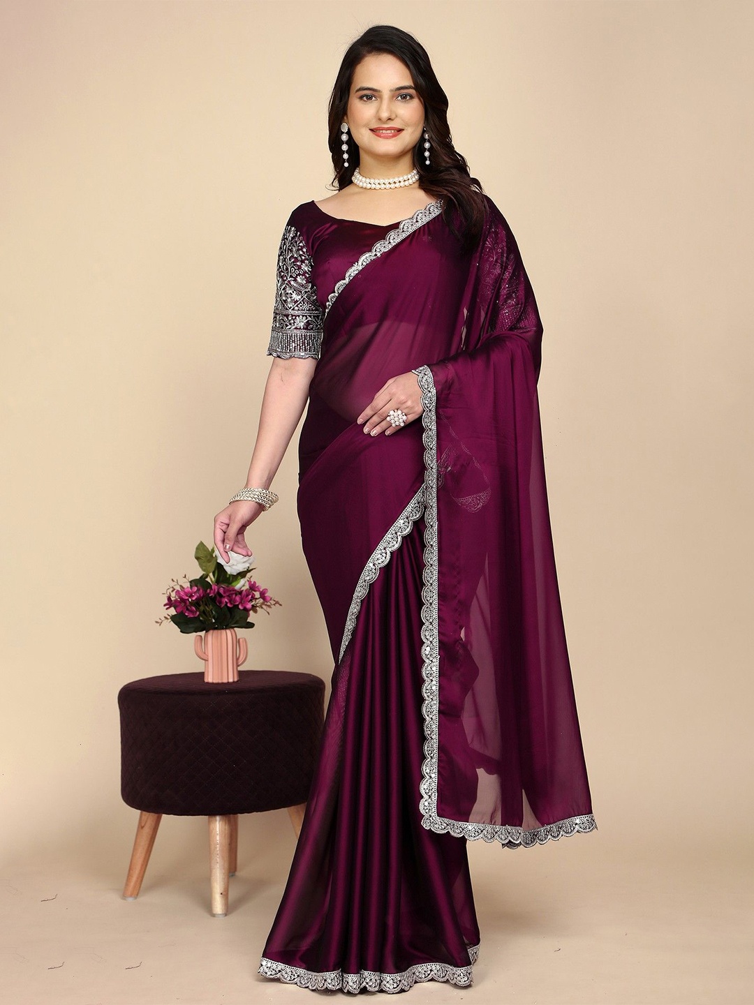 

K 5 Fashion Embroidered Pure Chiffon Saree, Purple