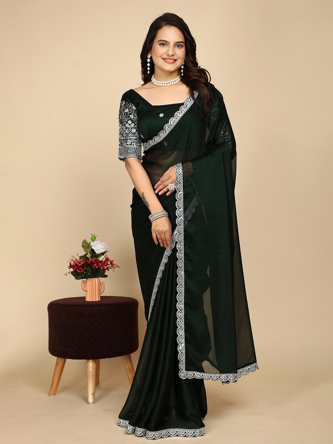 

K 5 Fashion Embroidered Pure Chiffon Saree, Green