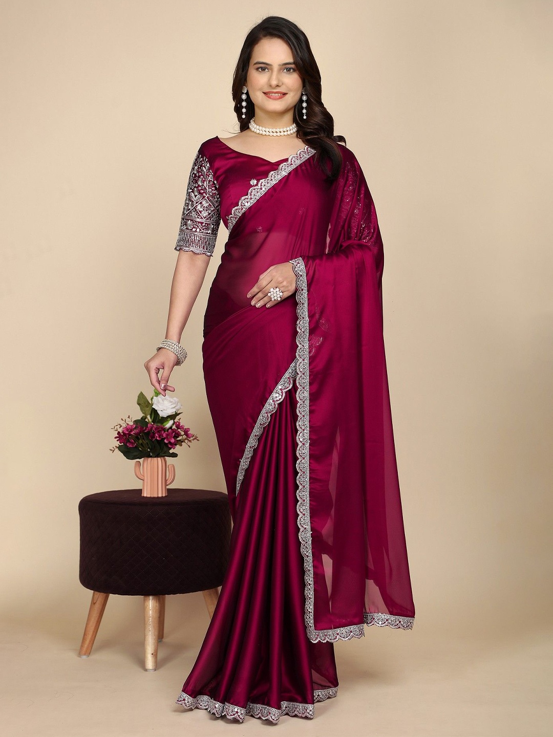 K 5 Fashion Embroidered Pure Chiffon Saree, Maroon