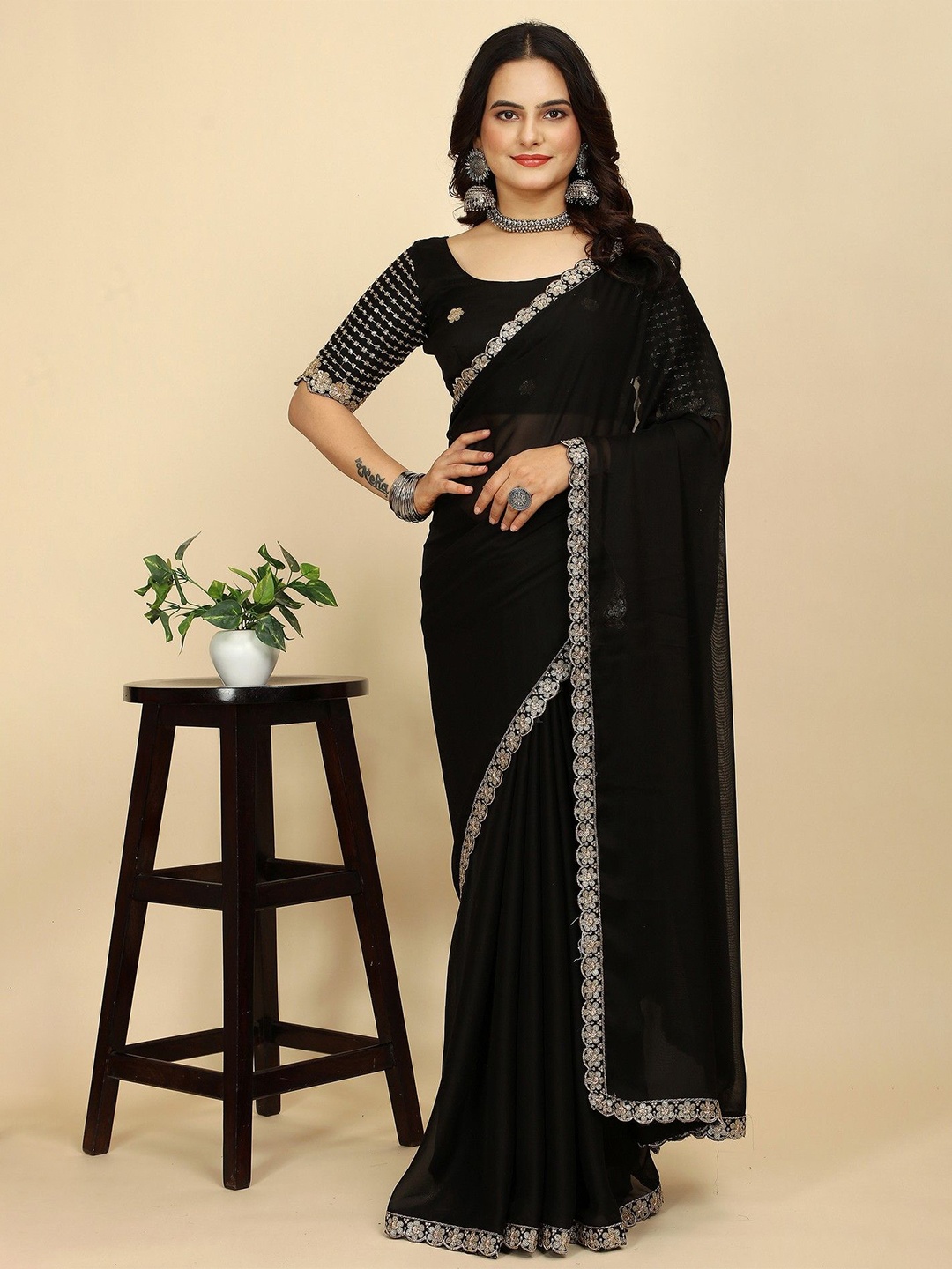 

K 5 Fashion Embroidered Pure Chiffon Saree, Black