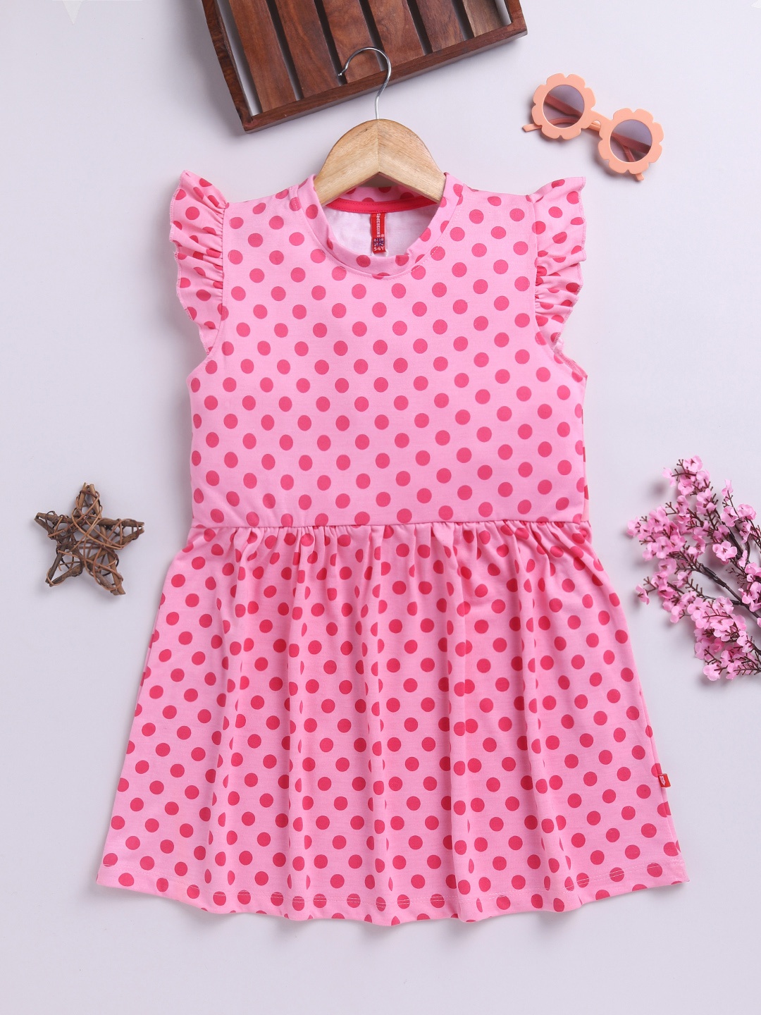 

Here&Now X Game Begins Girls Polka Dot Printed Flutter Sleeve Fit & Flare Dress, Pink