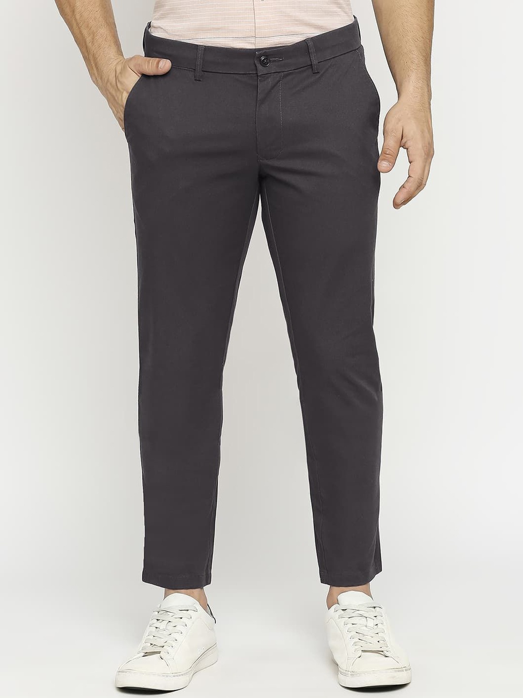 

Basics Men Tapered Fit Mid-Rise Flat-Front Trousers, Grey