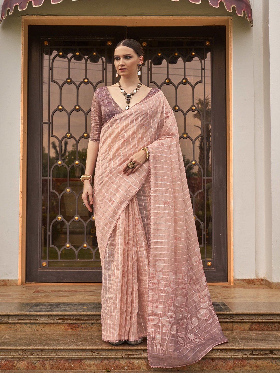 

DEVATITHI Striped Embroidered Pure Tissue Silk Saree, Pink