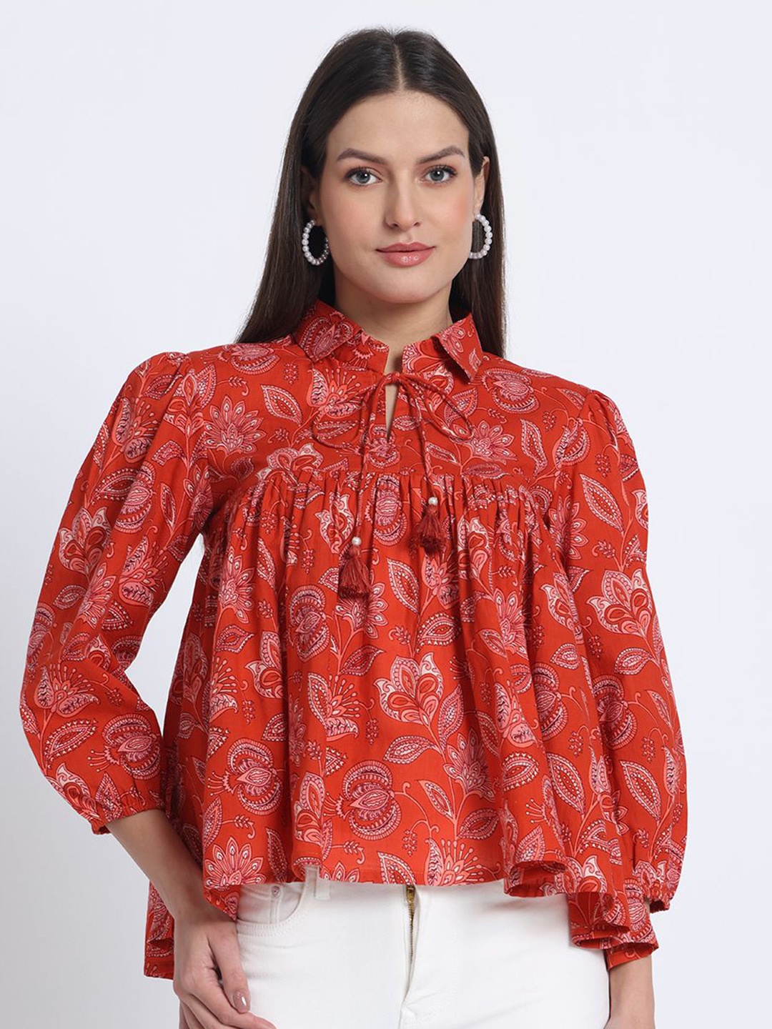 

JAIPURIBANNO Women Printed Shirt Collar Cotton Empire Top, Orange