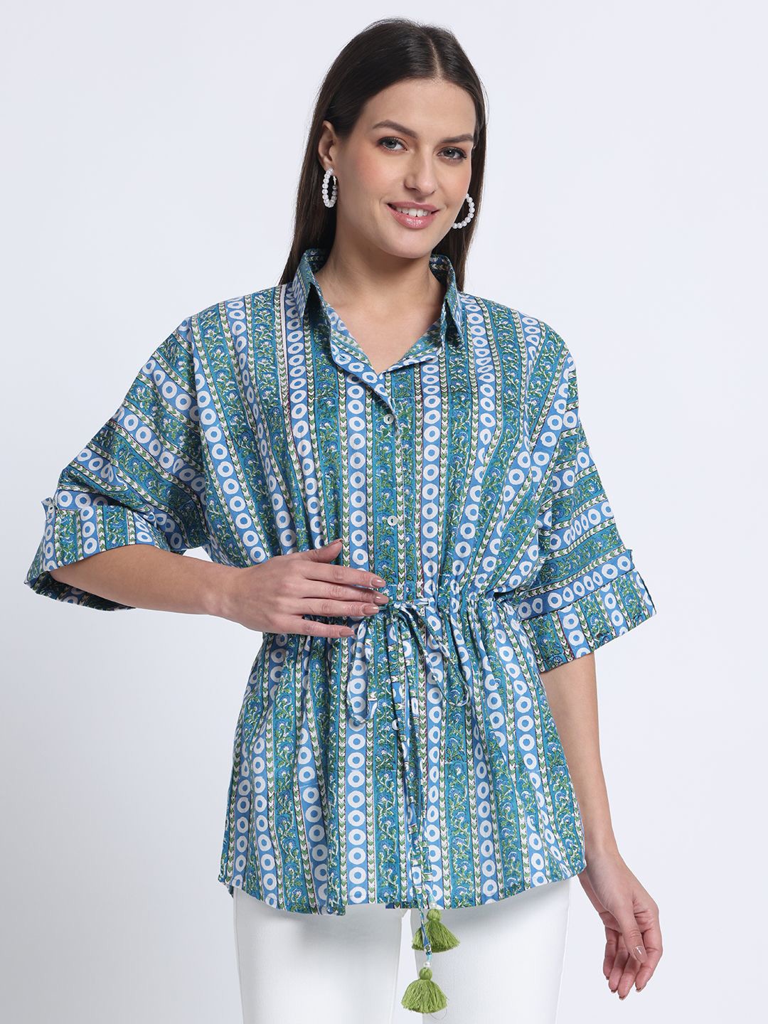 

JAIPURIBANNO Women Shirt Collar Printed Three-Quarter Sleeves Cotton Kaftan Top, Blue