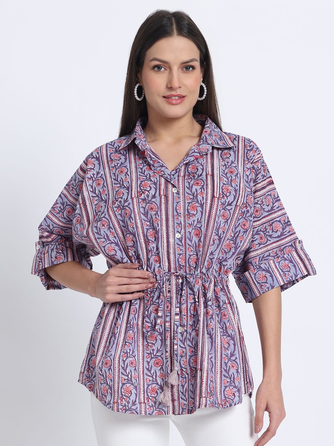 

JAIPURIBANNO Women Print Cotton Shirt Collar Top, Purple