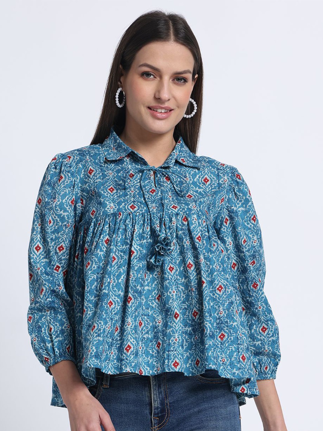 

JAIPURIBANNO Women Shirt Collar Printed Cotton Peplum Top, Blue