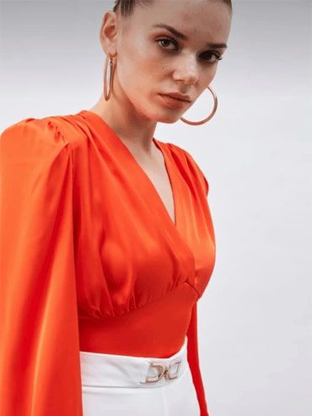 

Fashion Gaiia Women Puff Sleeve Satin Blouson Top, Orange