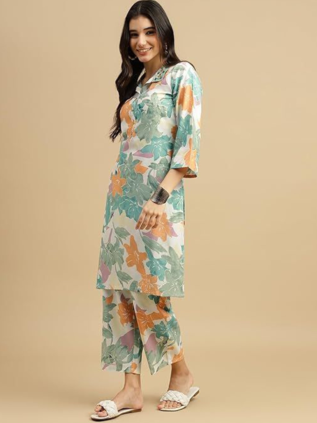 

Black Teetar Printed Pure Cotton Shirt Collar Tunic & Trousers Co-Ords, Beige