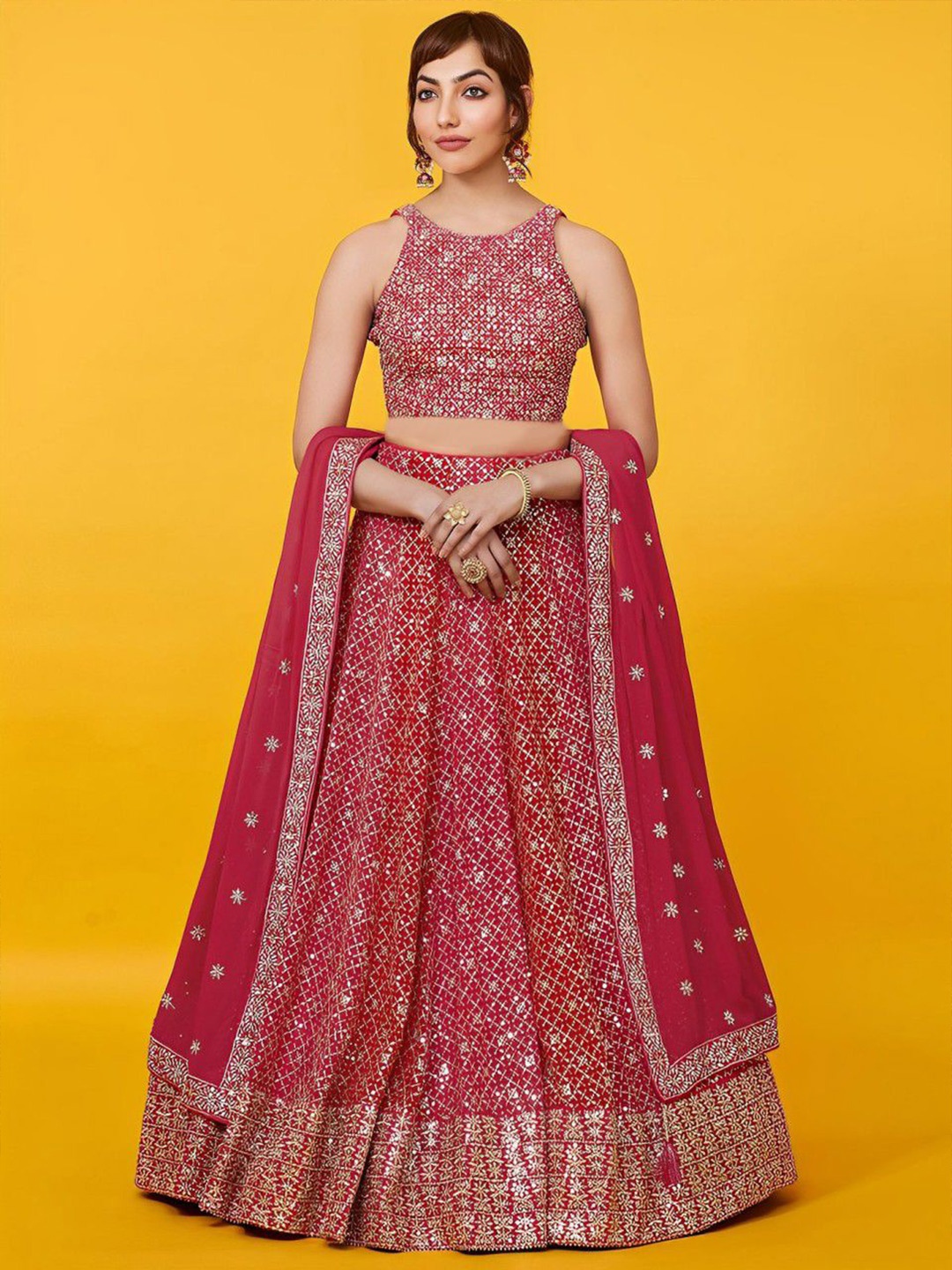 

FABPIXEL Embroidered Sequinned Semi-Stitched Lehenga & Unstitched Blouse With Dupatta, Red