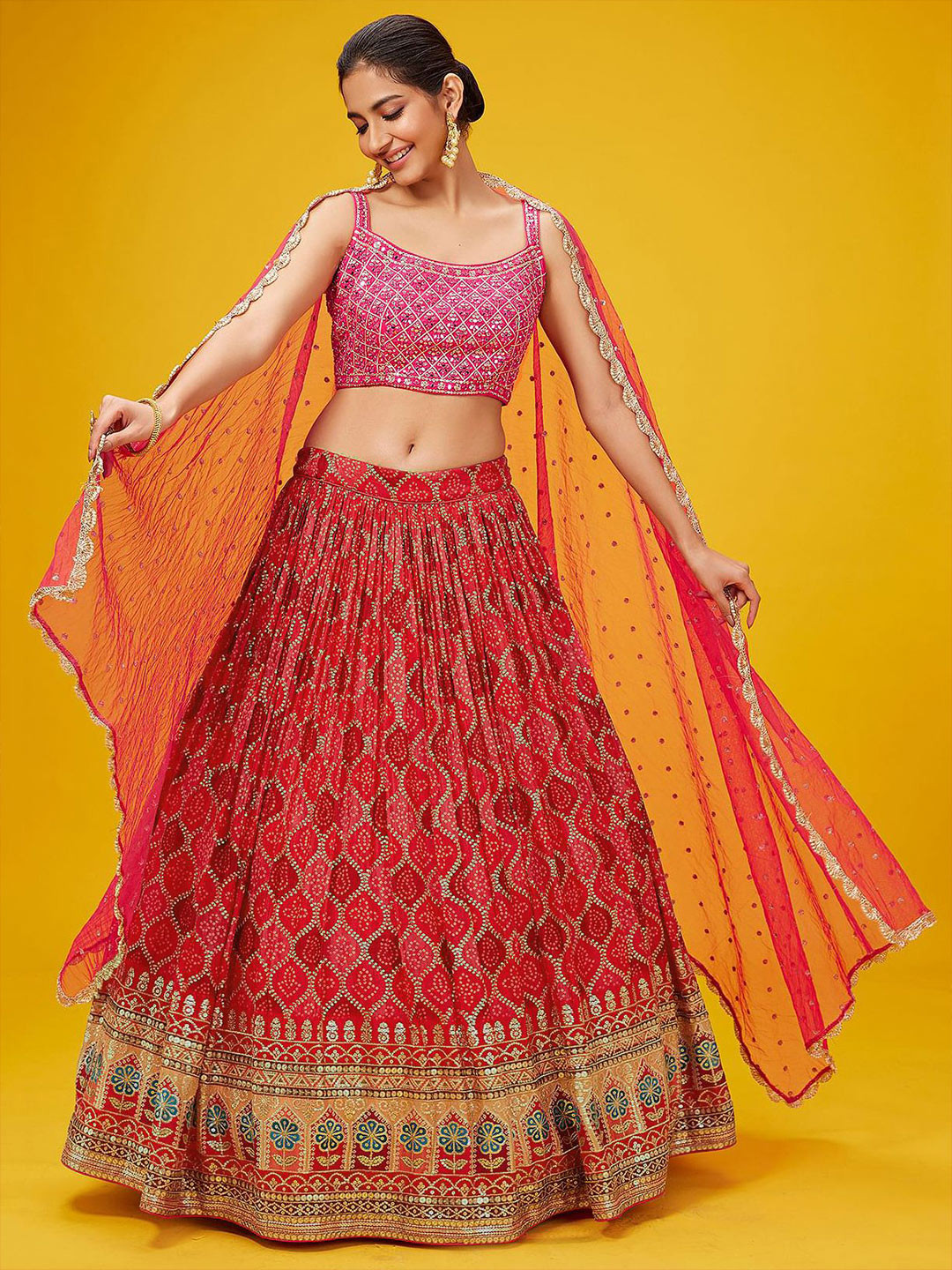 

FABPIXEL Embroidered Sequinned Semi-Stitched Lehenga & Unstitched Blouse With Dupatta, Red