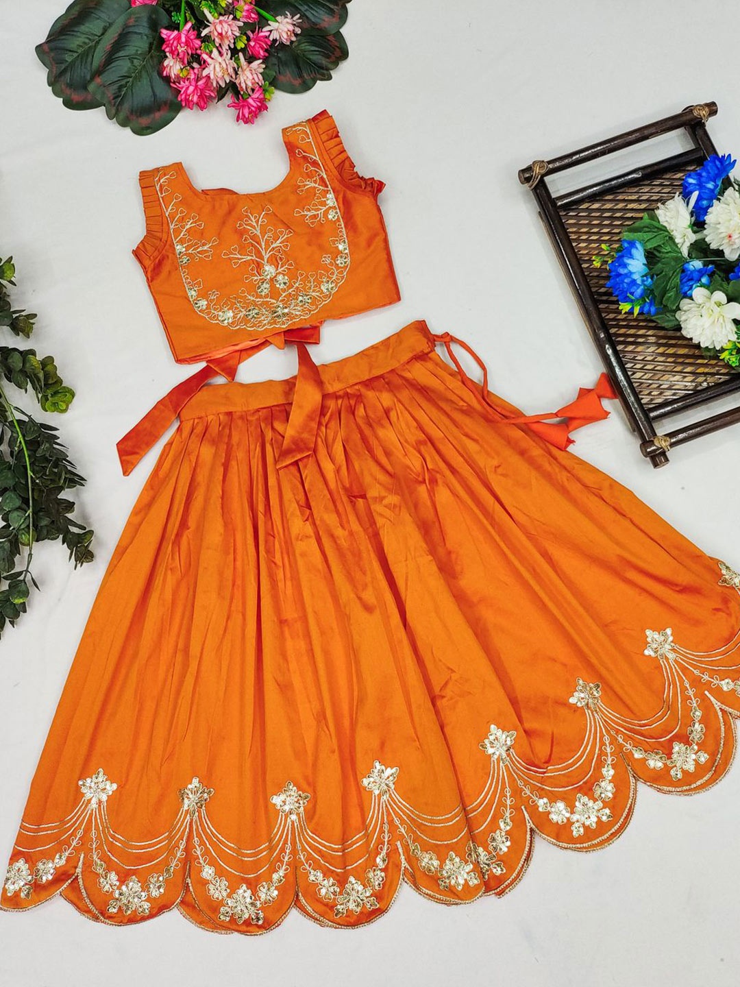 

JOVK DESIGN Girls Embroidered Sequinned Ready to Wear Lehenga &, Orange