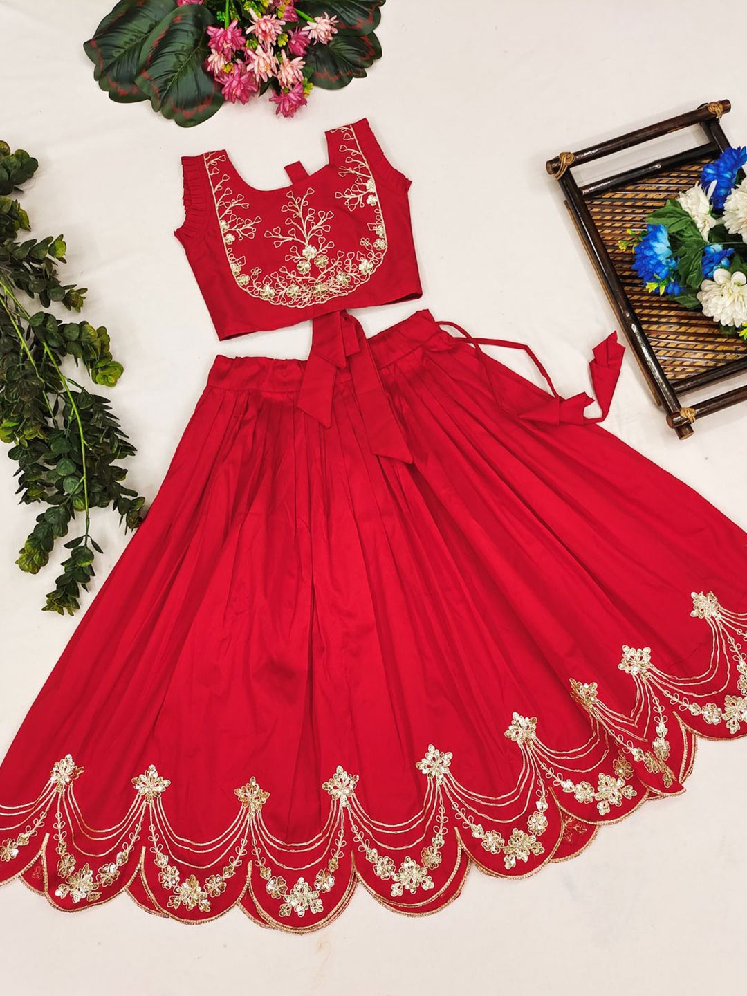 

JOVK DESIGN Girls Embroidered Sequinned Ready to Wear Lehenga &, Red
