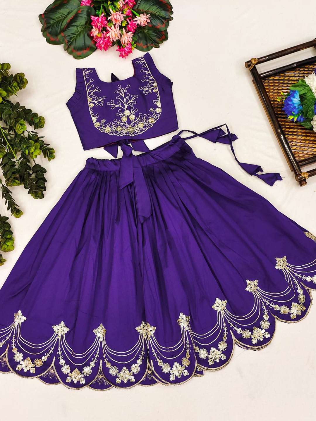 

JOVK DESIGN Girls Embroidered Sequinned Ready to Wear Lehenga &, Blue