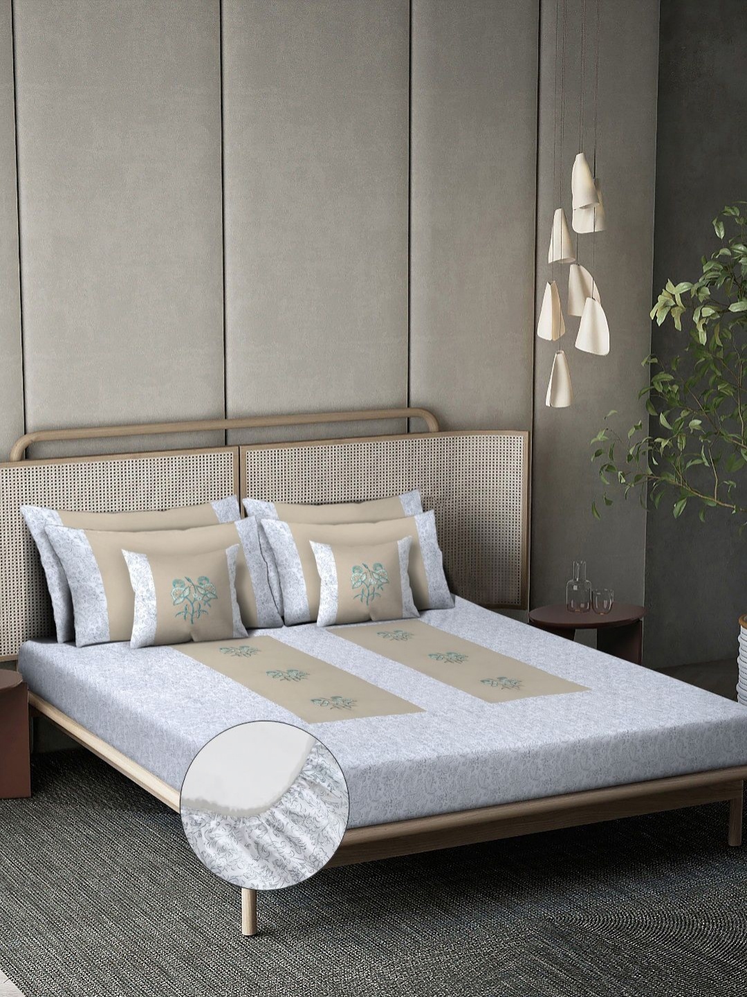 

KLOTTHE Embroidered 400 TC Cotton Fitted Double Bedsheet With Pillow Cover - 2.70 x 2.70 m, Beige