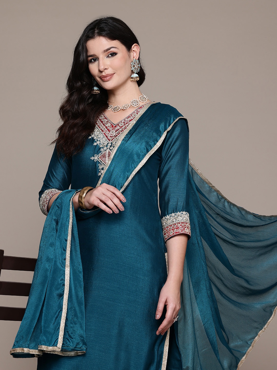 Readiprint Ethnic Motifs Embroidered Regular Pure Silk Kurta Set, Teal
