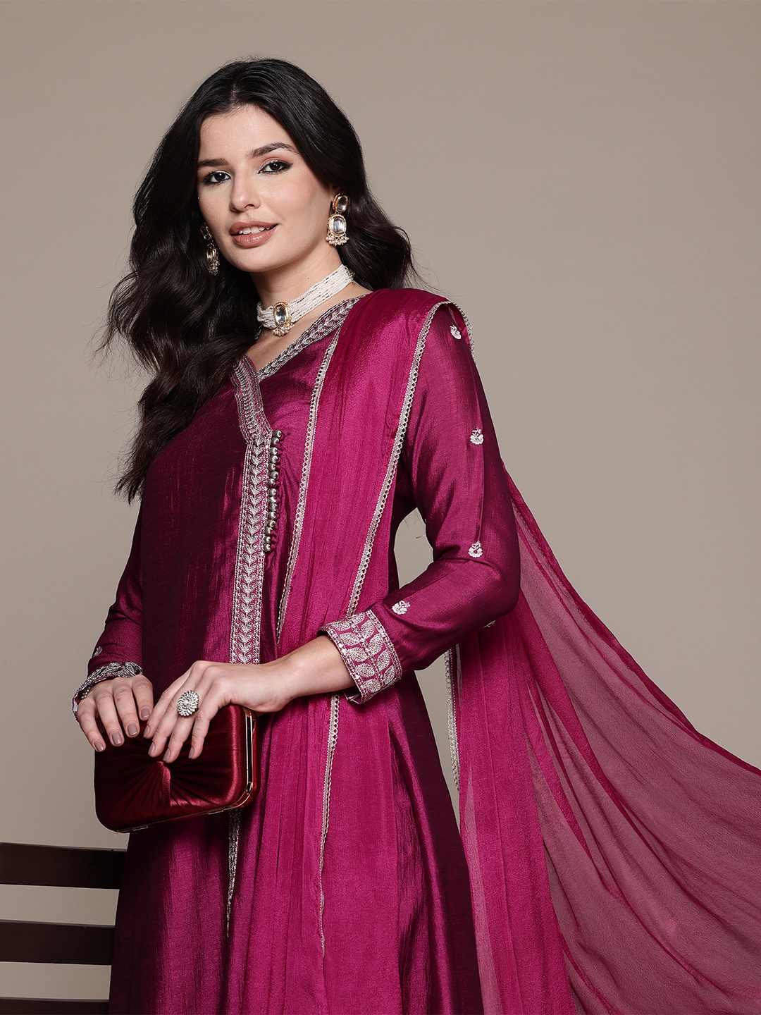 

Readiprint Floral Embroidered Angrakha Sequinned Pure Silk Kurta Set, Pink
