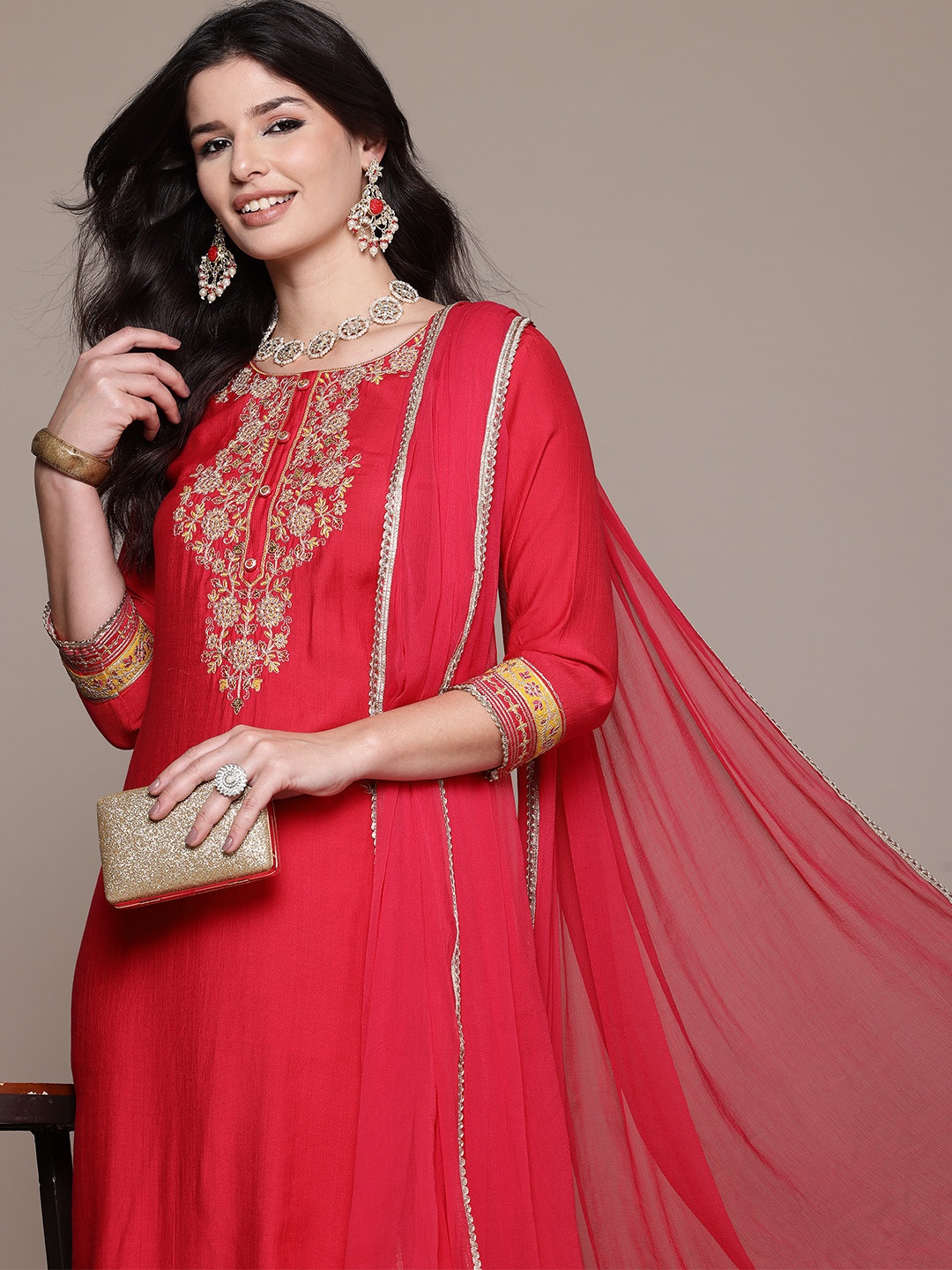 

Readiprint Floral Embroidered Sequinned Kurta with Trousers & With Dupatta, Magenta