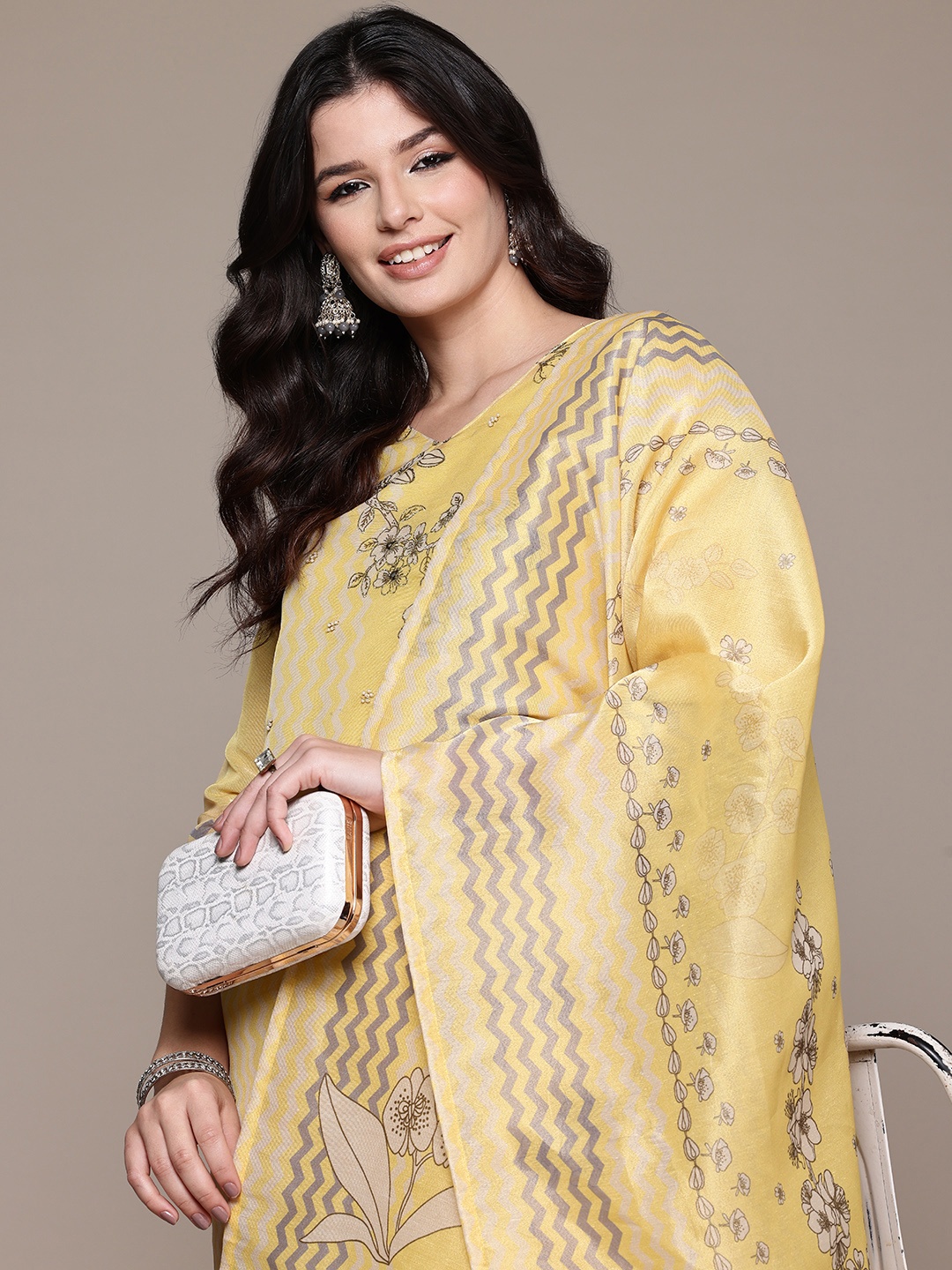 

Readiprint Floral Printed Beads & Stones Kurta with Trousers & With Dupatta, Yellow