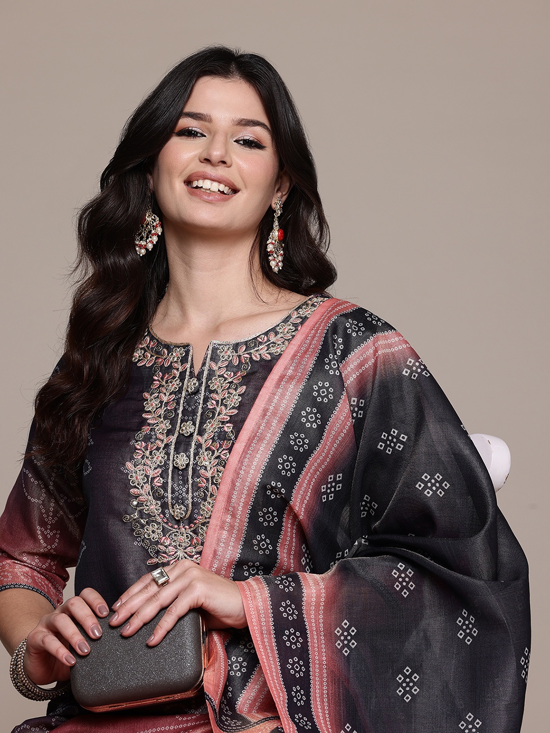 

Readiprint Bandhani Printed Kurta with Trousers & With Dupatta, Black